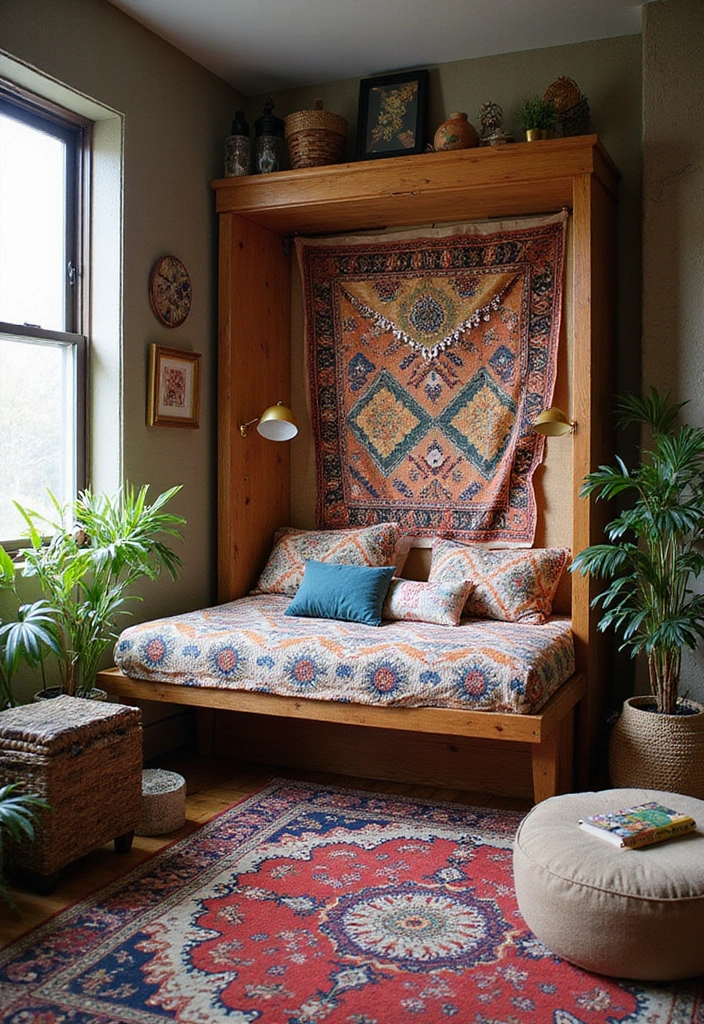 25 Home Office with Murphy Bed Ideas That Save Space 10. Bohemian Vibes