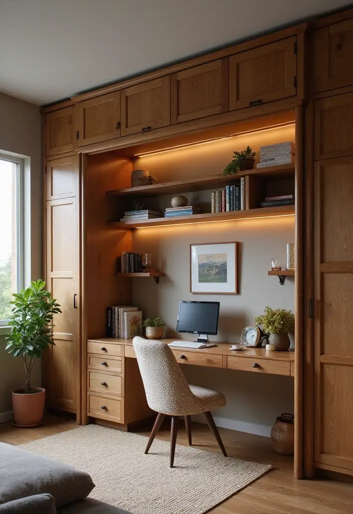 25 Home Office with Murphy Bed Ideas That Save Space 13. Layered Lighting Solutions