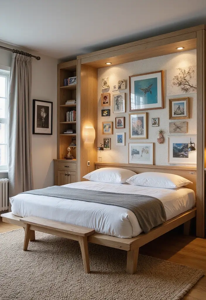 25 Home Office with Murphy Bed Ideas That Save Space 16. Artistic Displays