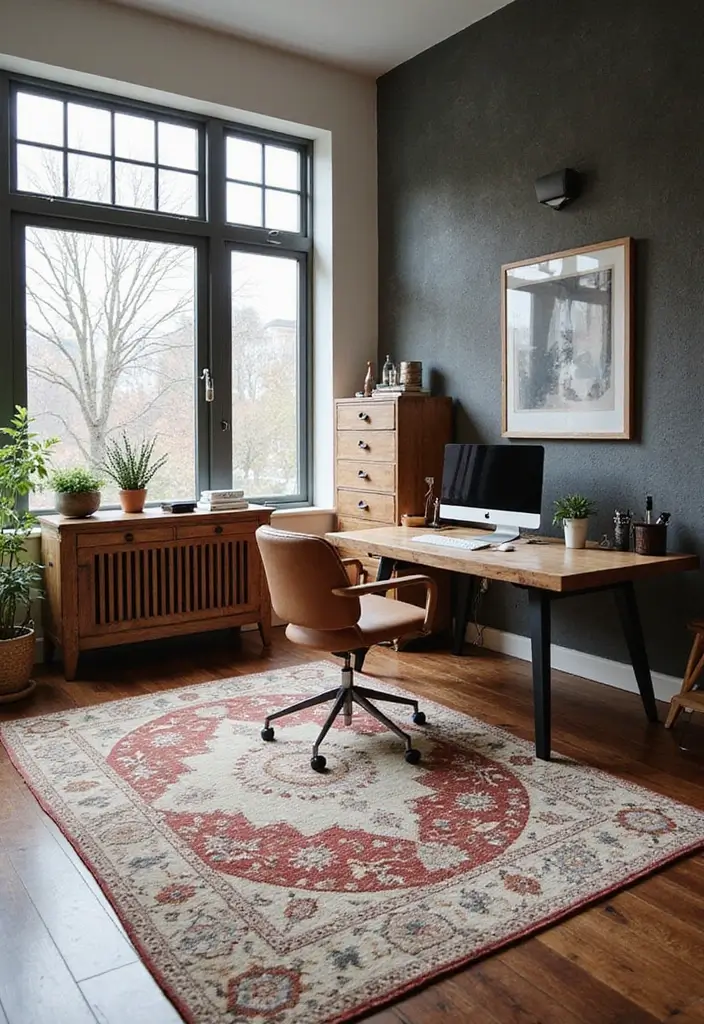 25 Industrial Home Office Ideas That Look Strong and Stylish 23. Statement Rugs