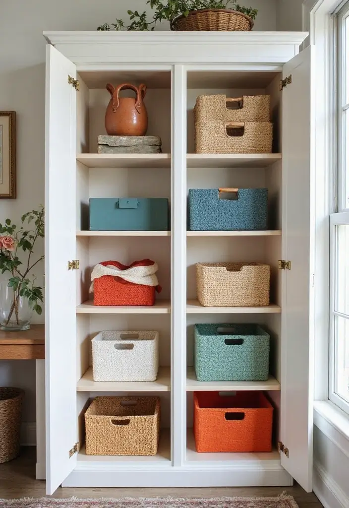 25 Office Cabinet Design Ideas That Maximize Storage 11. Baskets and Boxes Inside Cabinets