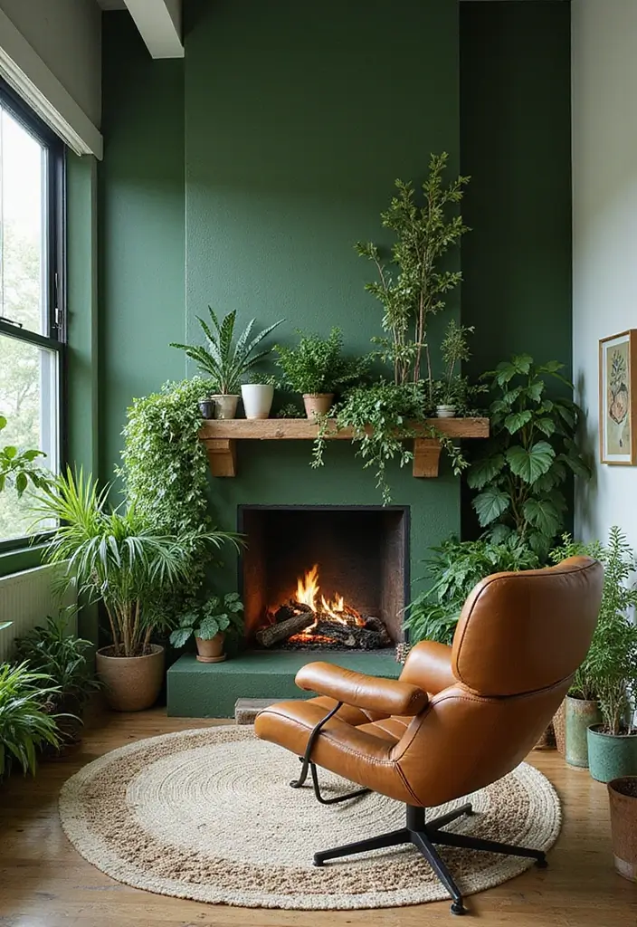 25 Office with Fireplace Designs for a Luxe Look 10. Green Sanctuary