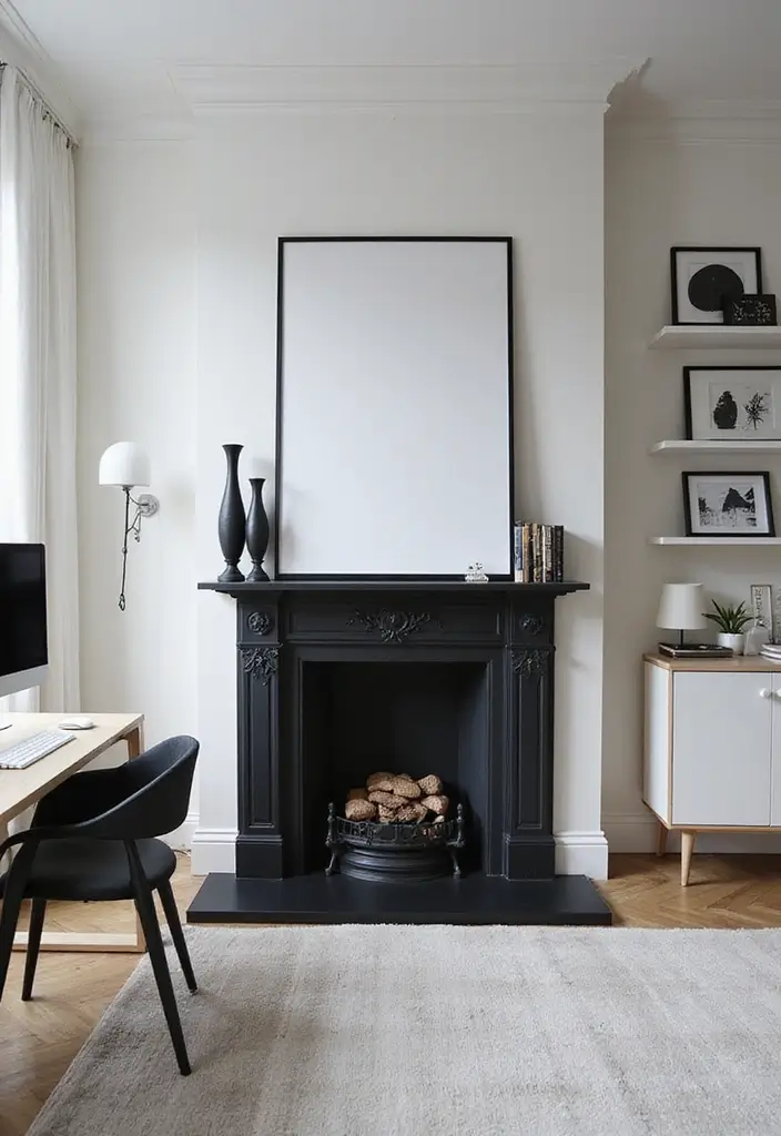 25 Office with Fireplace Designs for a Luxe Look 11. Monochrome Elegance