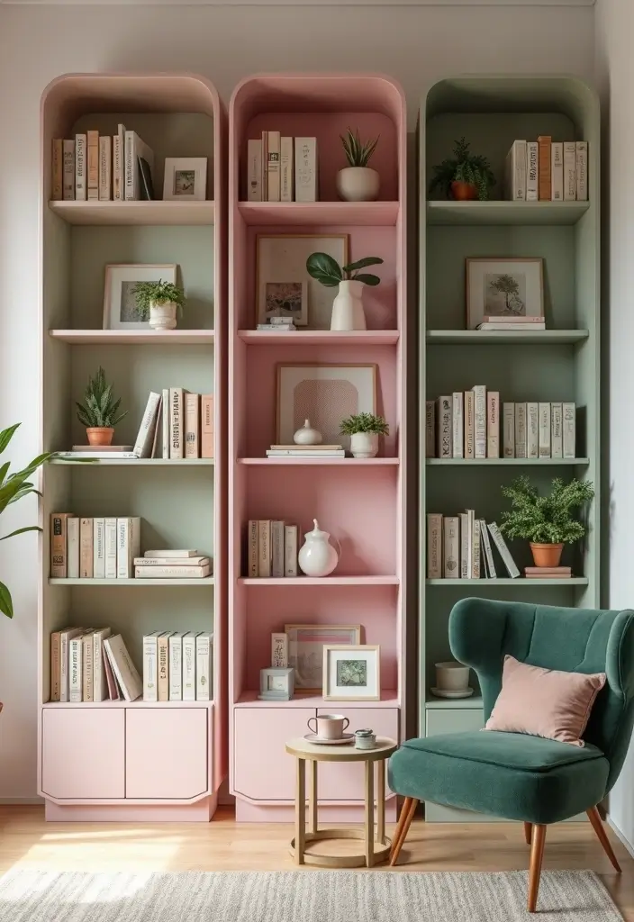 25 Pink and Green Office Ideas Full of Color and Energy 22. Artistic Shelving Units