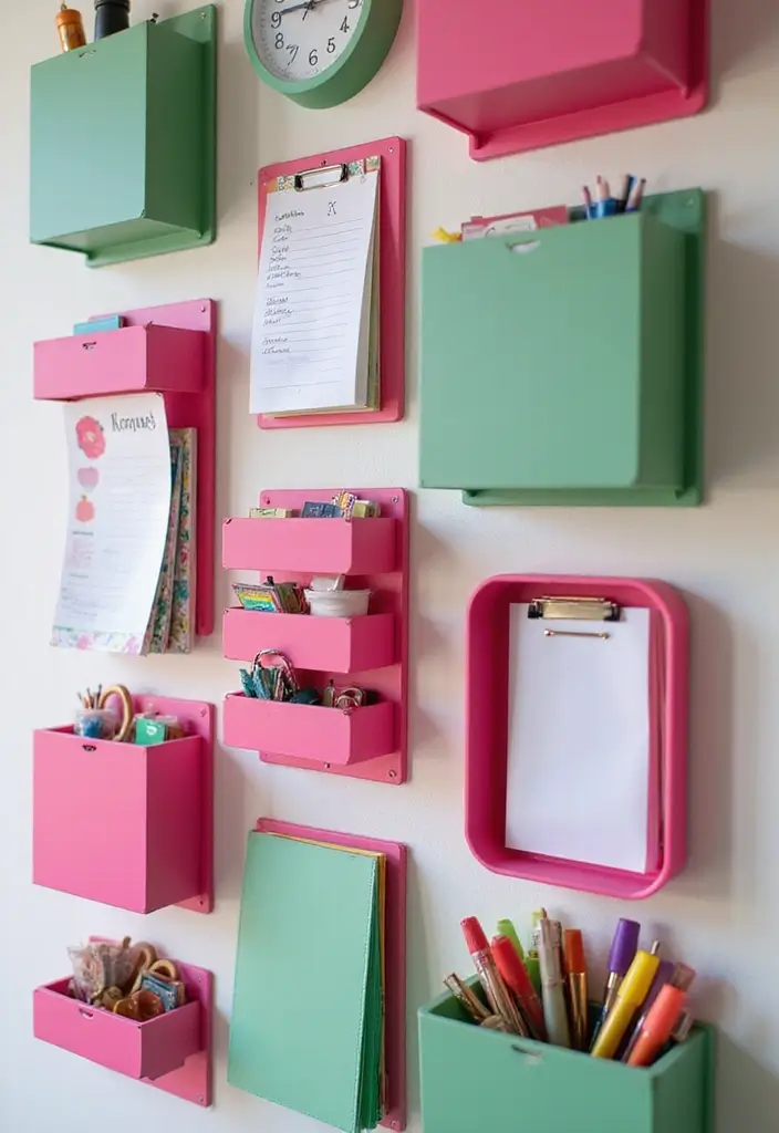 25 Pink and Green Office Ideas Full of Color and Energy 7. Vibrant Wall Organizers