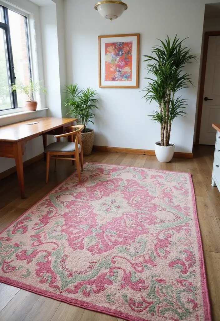 25 Pink and Green Office Ideas Full of Color and Energy 9. Bold Area Rugs