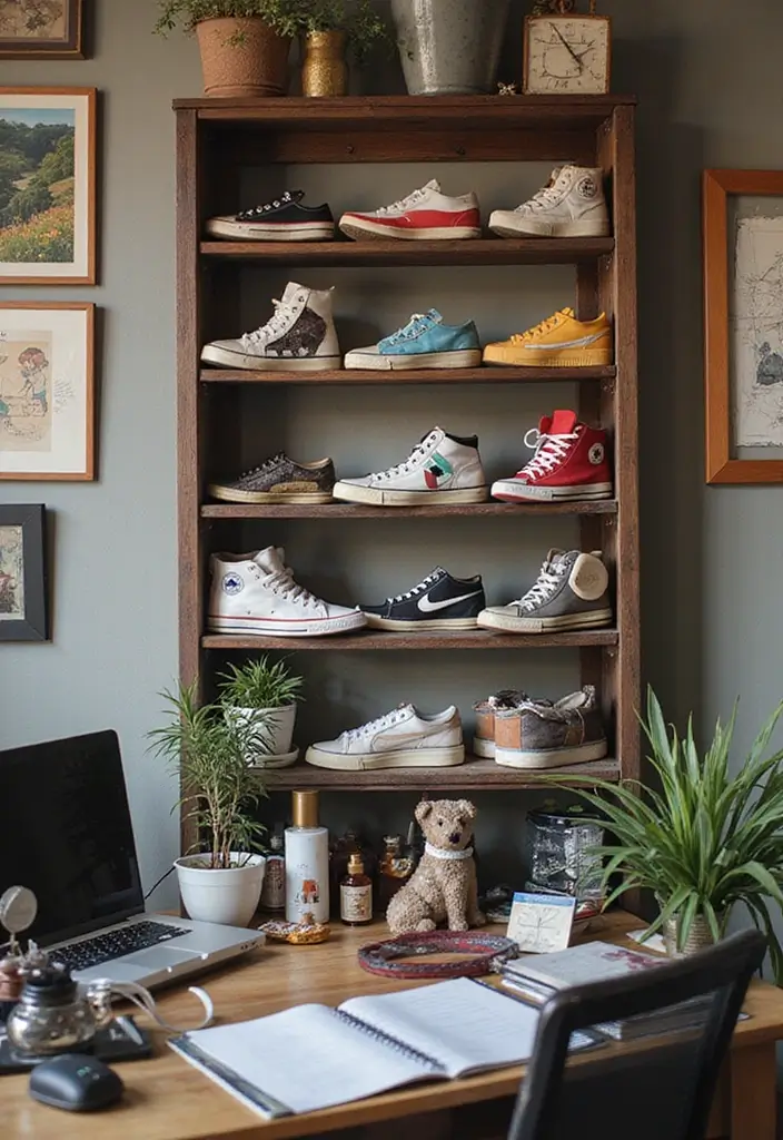25 Vintage Office Ideas for a Retro Inspired Workspace 13. Vintage Sneakers and Shoes Display