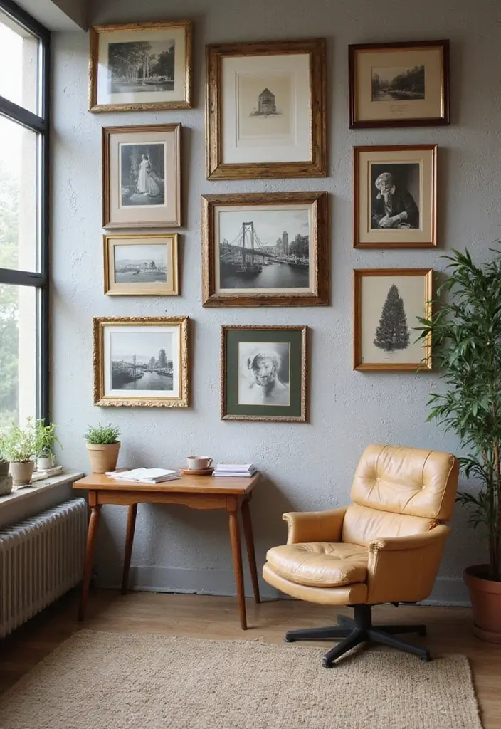 25 Wall Design Office Ideas for Unique Workspaces 12. Vintage Frames Eclectic Wall Gallery
