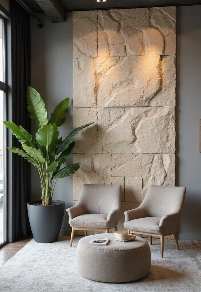 25 Wall Design Office Ideas for Unique Workspaces 14. Natural Stone Accents Elegant Touch