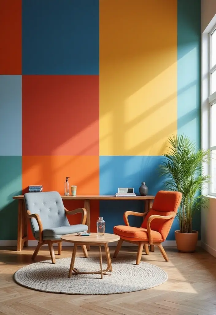 25 Wall Design Office Ideas for Unique Workspaces 15. Color Blocking Bold and Fun