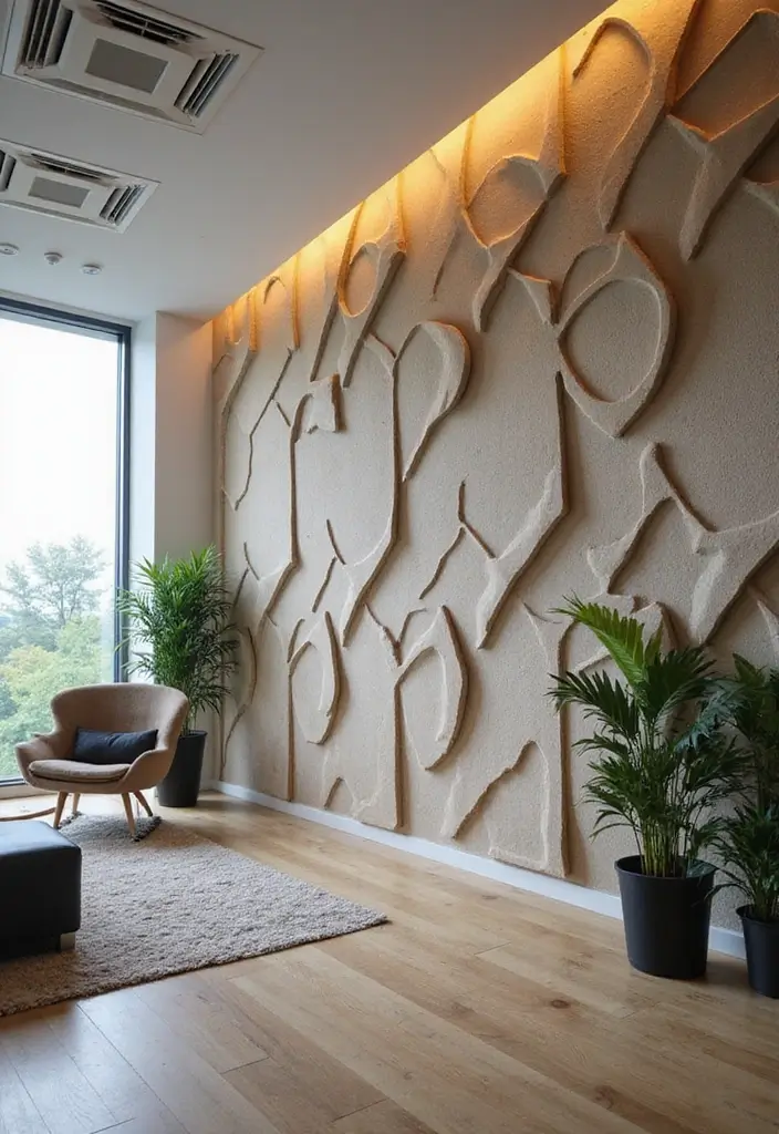 25 Wall Design Office Ideas for Unique Workspaces 17. 3D Wall Panels Bold and Textured