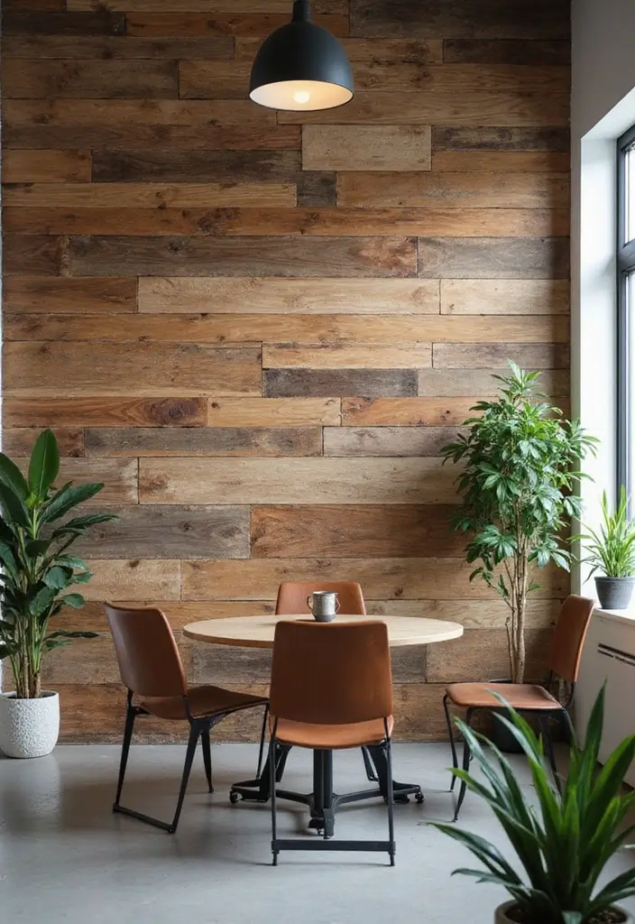 25 Wall Design Office Ideas for Unique Workspaces 2. Upcycled Wood Panels Rustic Charm