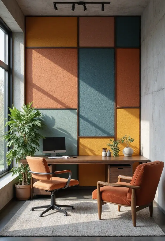 25 Wall Design Office Ideas for Unique Workspaces 4. Textured Fabric Panels Soft Touch