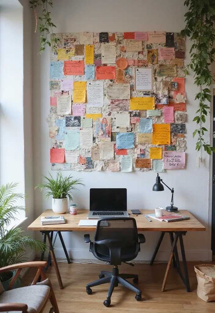 25 Wall Design Office Ideas for Unique Workspaces 6. Recycled Paper Collages Artistic Touch