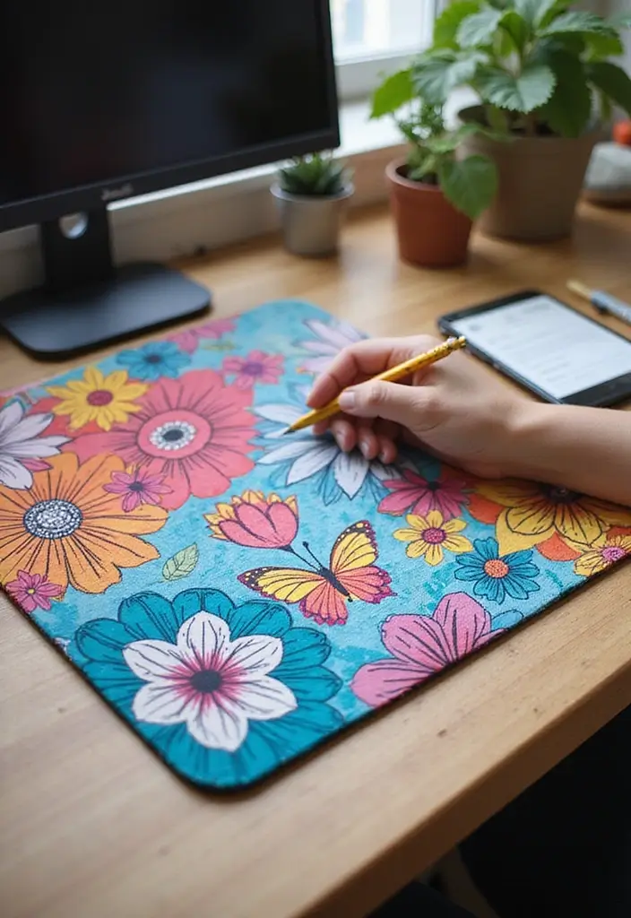 26 Classy Office Decor Ideas That Elevate Your Space 23. Artistic Desk Mats