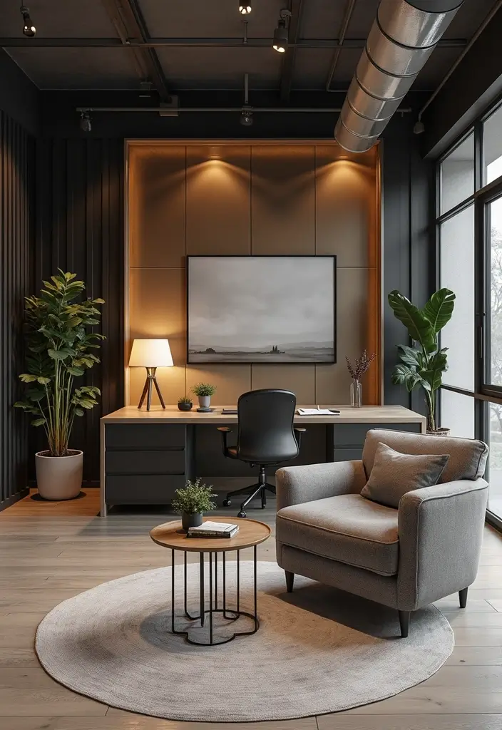 26 Creative Office Painting Ideas for Fresh Interiors 11. Industrial Chic with Metallics