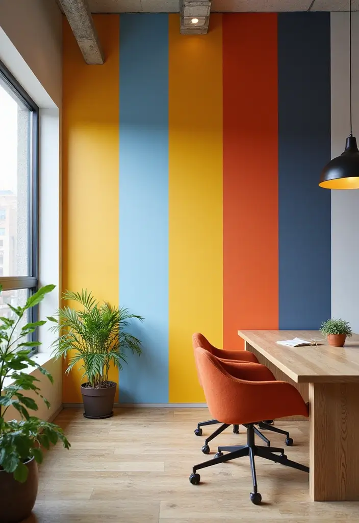 26 Creative Office Painting Ideas for Fresh Interiors 13. Feature Wall with Vertical Stripes