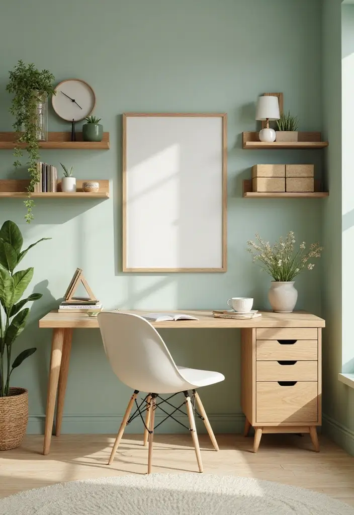 26 Light Green Office Inspirations That Refresh Your Space 17. Natural Wood Accents