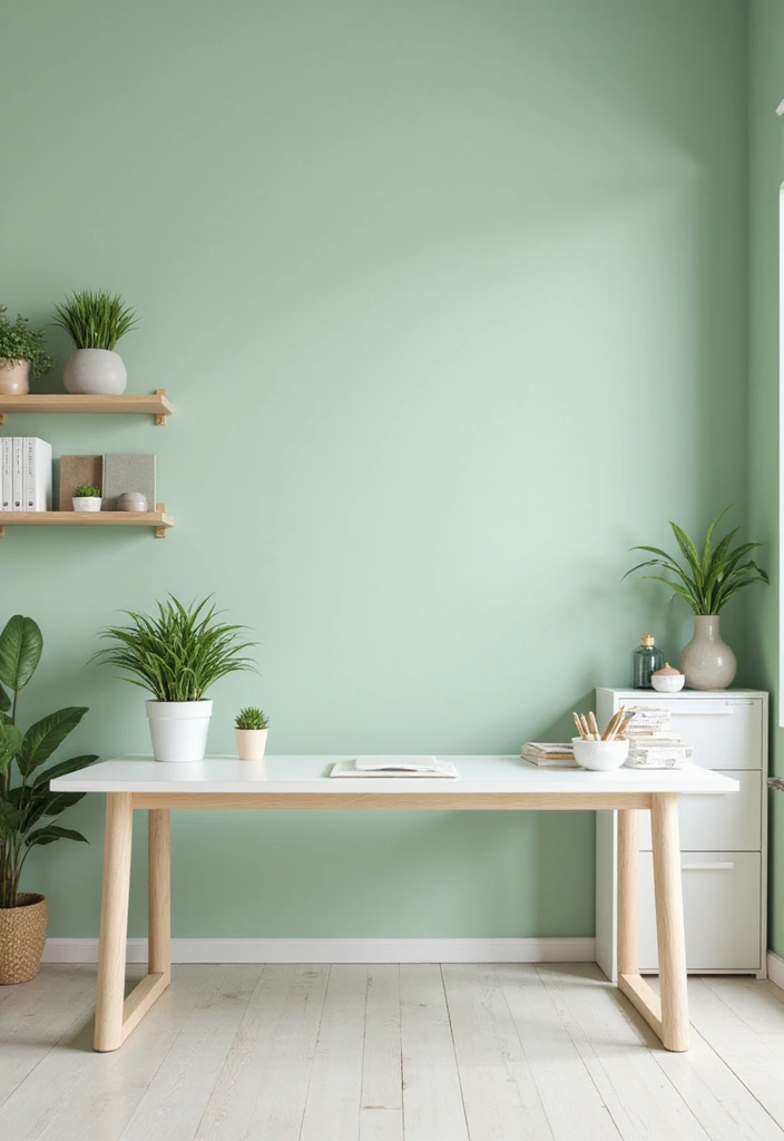 26 Light Green Office Inspirations That Refresh Your Space 2. Light Green Accent Wall