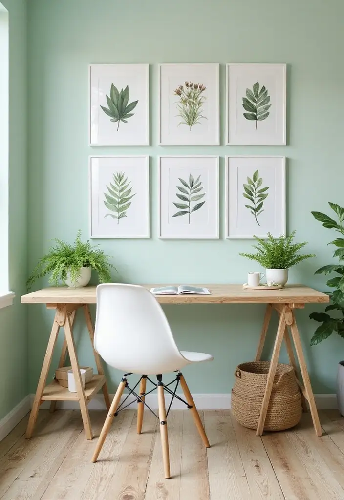 26 Light Green Office Inspirations That Refresh Your Space 20. Botanical Prints for Inspiration
