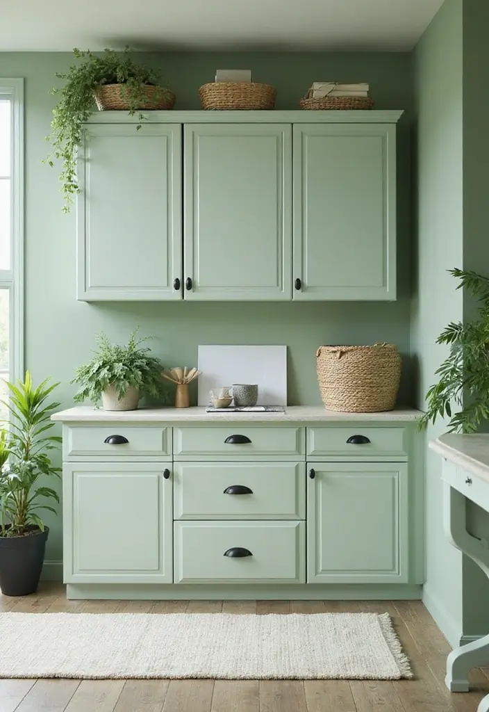 26 Light Green Office Inspirations That Refresh Your Space 21. Green Accented Storage Solutions