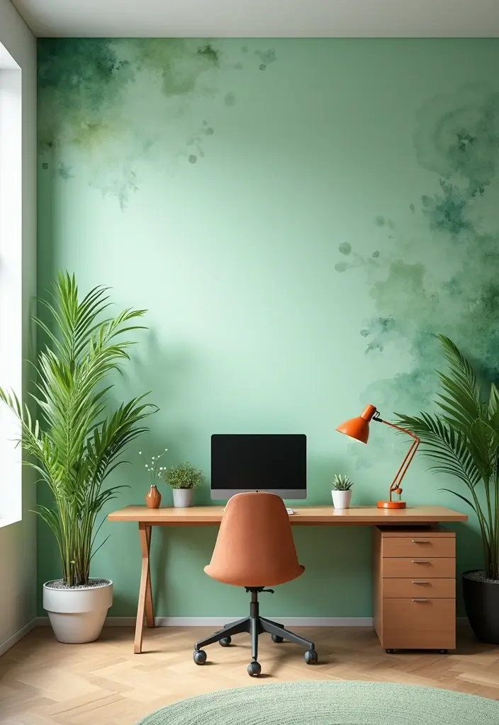 26 Light Green Office Inspirations That Refresh Your Space 22. Artistic Light Green Wallpaper