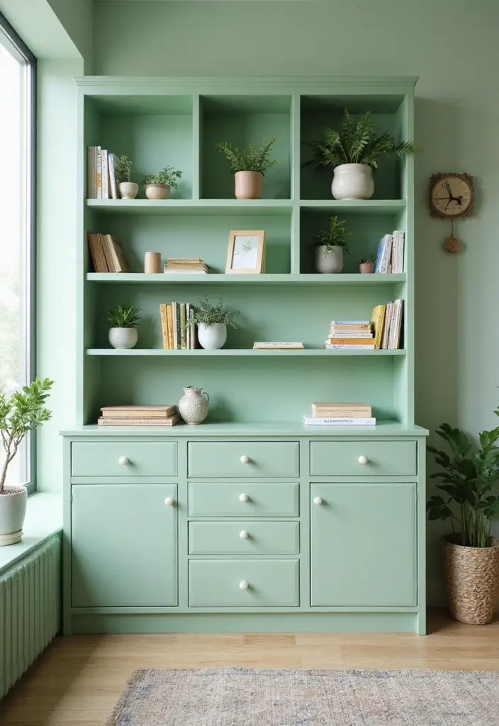 26 Light Green Office Inspirations That Refresh Your Space 23. Creative Green Shelving