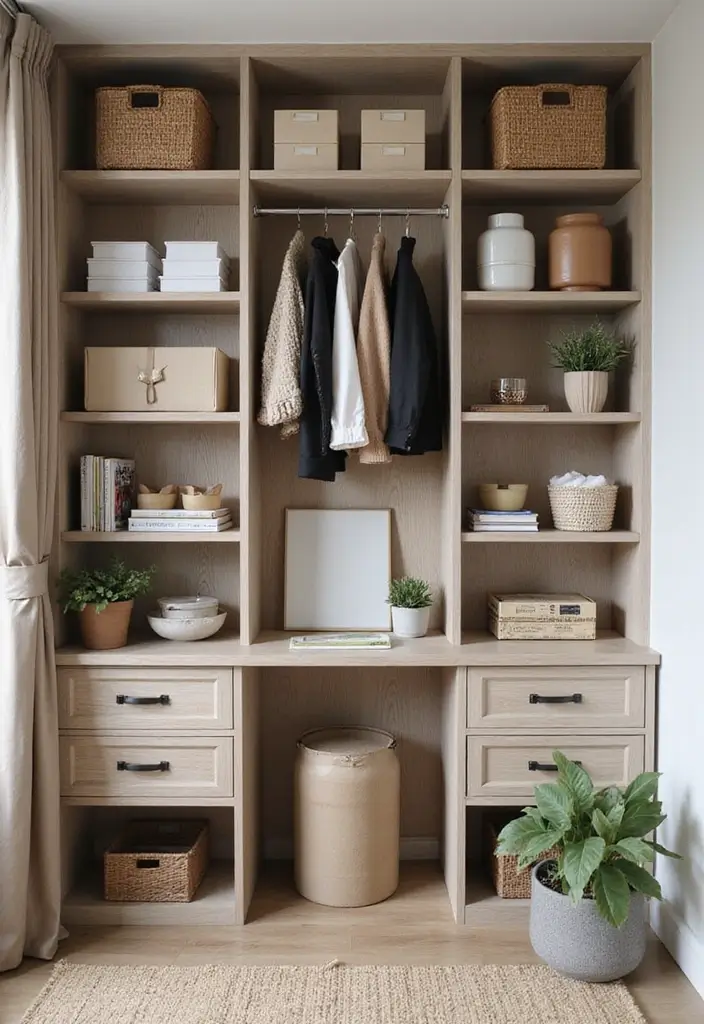 27 Closet and Office Combo Ideas That Save Space 3. Shelving Units with Dual Purposes