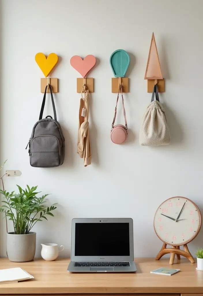 27 Cute Office Ideas That Make Work More Fun 26. Creative Wall Hooks