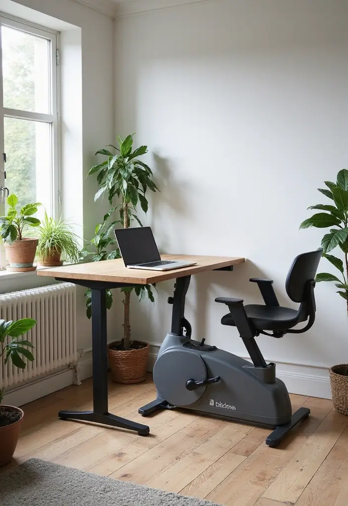 28+ Home Office Gym Combo Ideas for Fitness and Work 1 28 Home Office Gym Combo Ideas for Fitness and Work 1. Minimalist Desk with Under Desk Elliptical