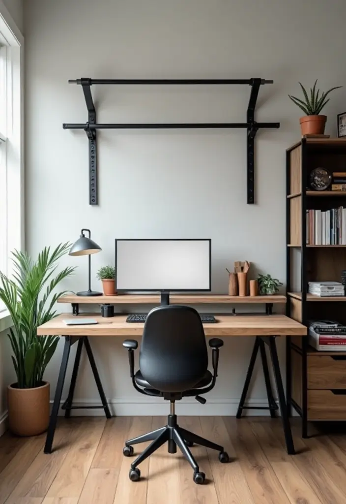 28+ Home Office Gym Combo Ideas for Fitness and Work 3 28 Home Office Gym Combo Ideas for Fitness and Work 3. Wall Mounted Pull Up Bar