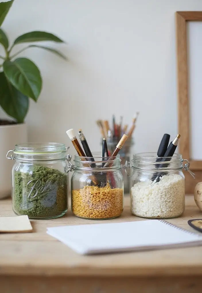 28 Office Table Decor Ideas That Upgrade Your Desk 3. Upcycle Old Jars for Storage