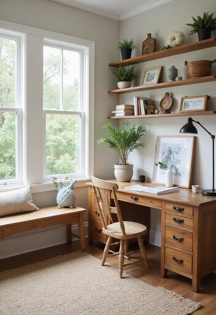 28 Sunroom Office Ideas for Bright and Productive Days 14. Farmhouse Workstation