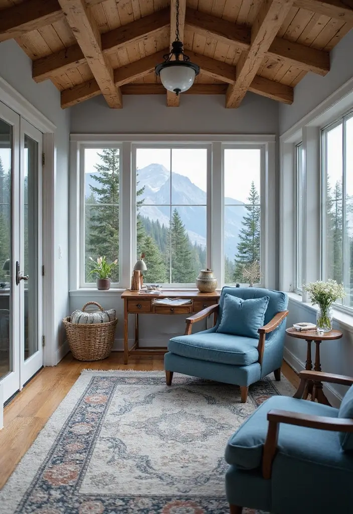 28 Sunroom Office Ideas for Bright and Productive Days 19. Alpine Aesthetics