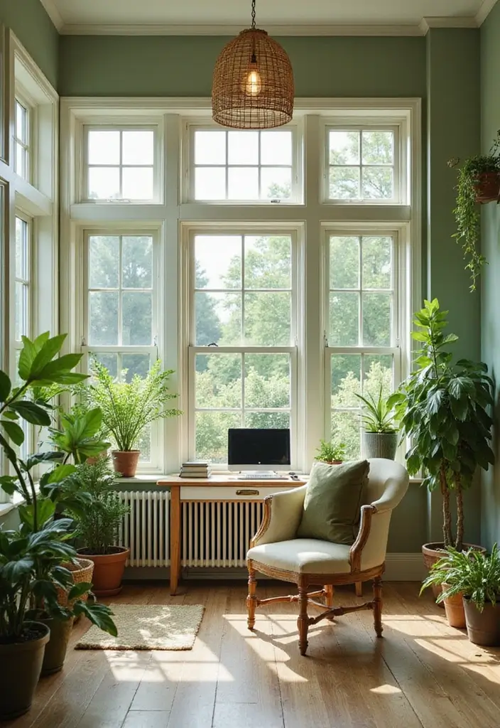 28 Sunroom Office Ideas for Bright and Productive Days 23. Calming Monochromatic Greens