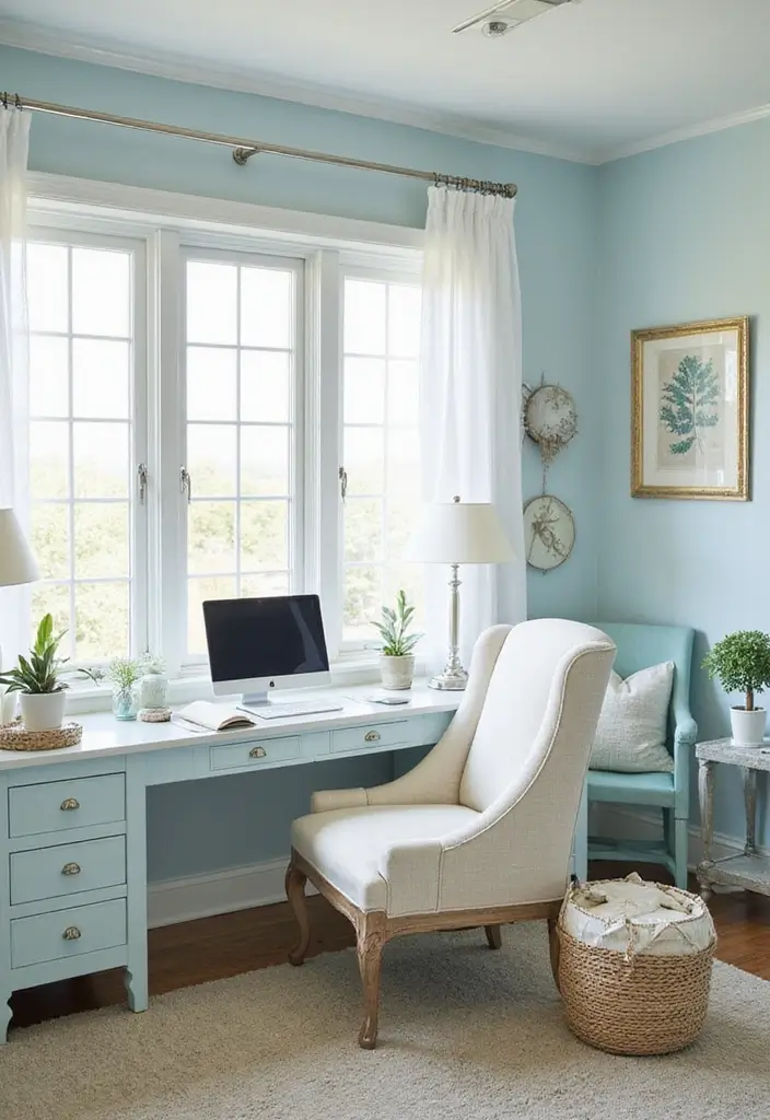 28 Sunroom Office Ideas for Bright and Productive Days 6. Coastal Chic Workspace