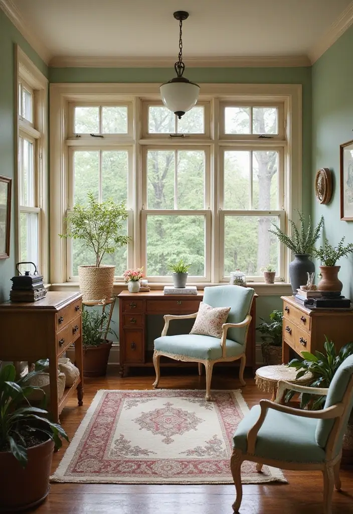 28 Sunroom Office Ideas for Bright and Productive Days 7. Vintage Charm Office