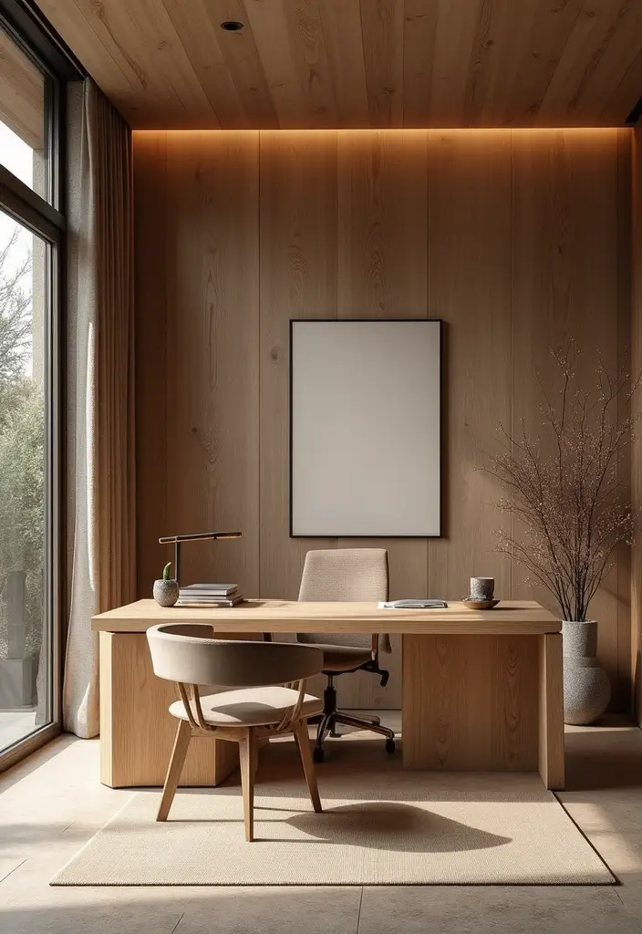 29 Cozy Office Decor Ideas That Feel Warm and Inviting 16. Natural Material Accents