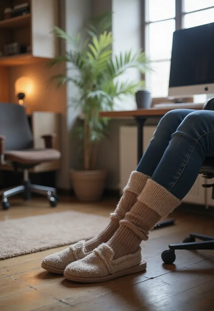 29 Cozy Office Decor Ideas That Feel Warm and Inviting 23. Cozy Footwear