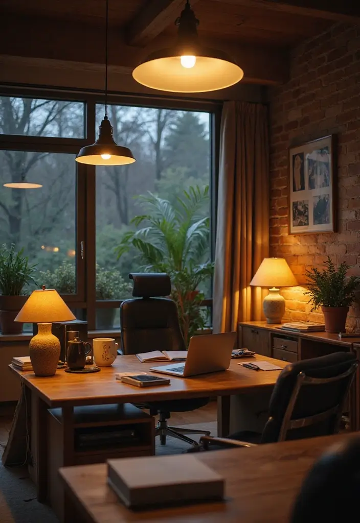 29 Cozy Office Decor Ideas That Feel Warm and Inviting 24. Layered Lighting