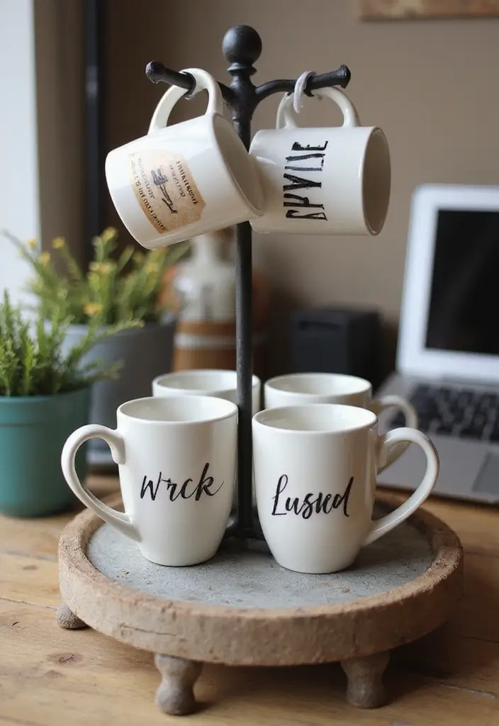 29 Cozy Office Decor Ideas That Feel Warm and Inviting 28. Personalized Mug Collection