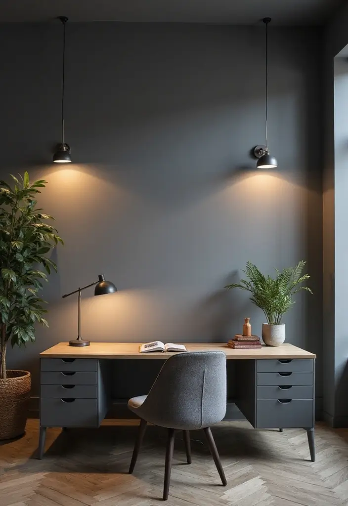 29 Gray Office Ideas That Look Sleek and Modern 18. Soft Lighting Options