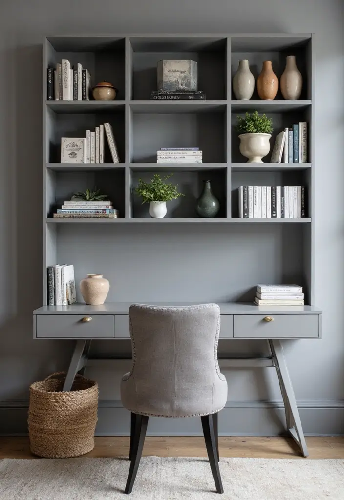 29 Gray Office Ideas That Look Sleek and Modern 23. Open Shelving Solutions