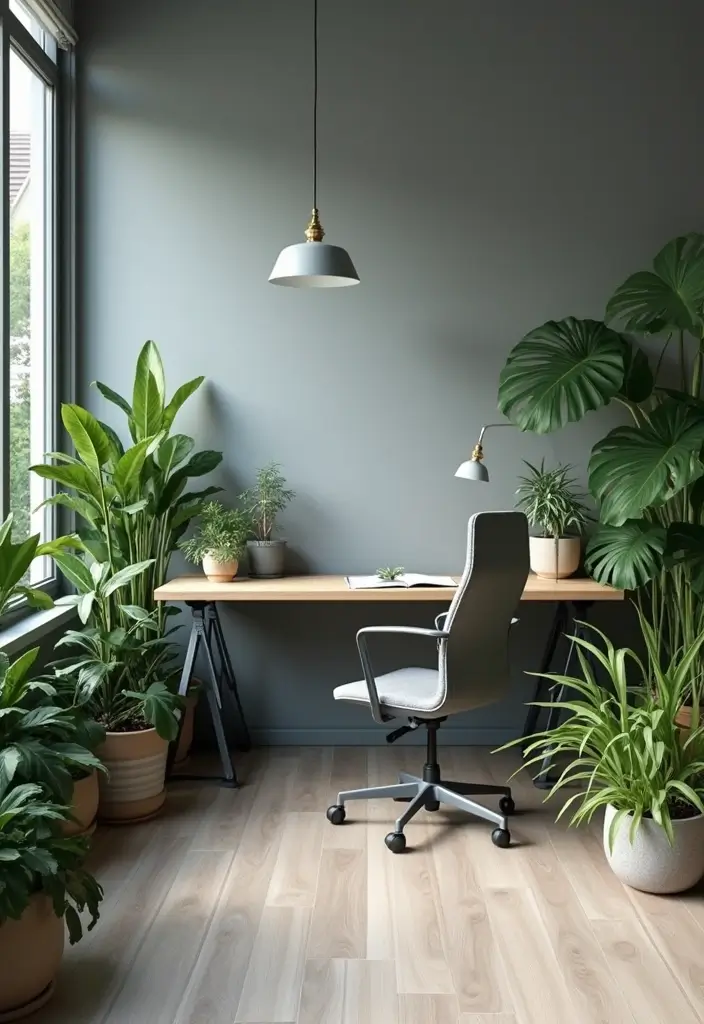 29 Gray Office Ideas That Look Sleek and Modern 6. Greenery Accents