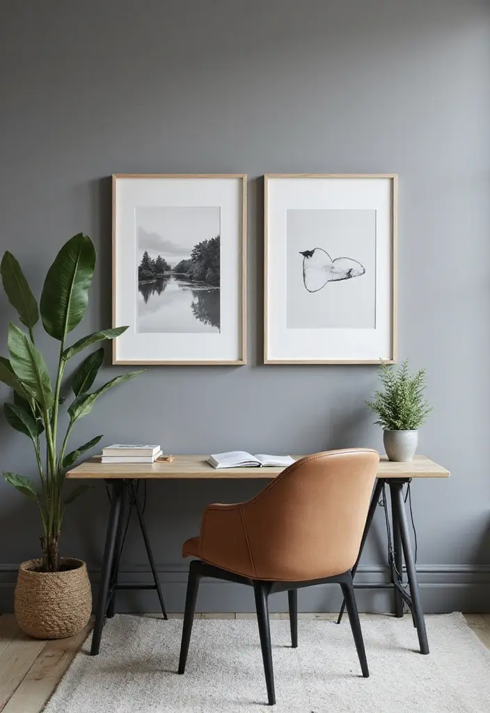 29 Gray Office Ideas That Look Sleek and Modern 7. Minimalist Wall Art