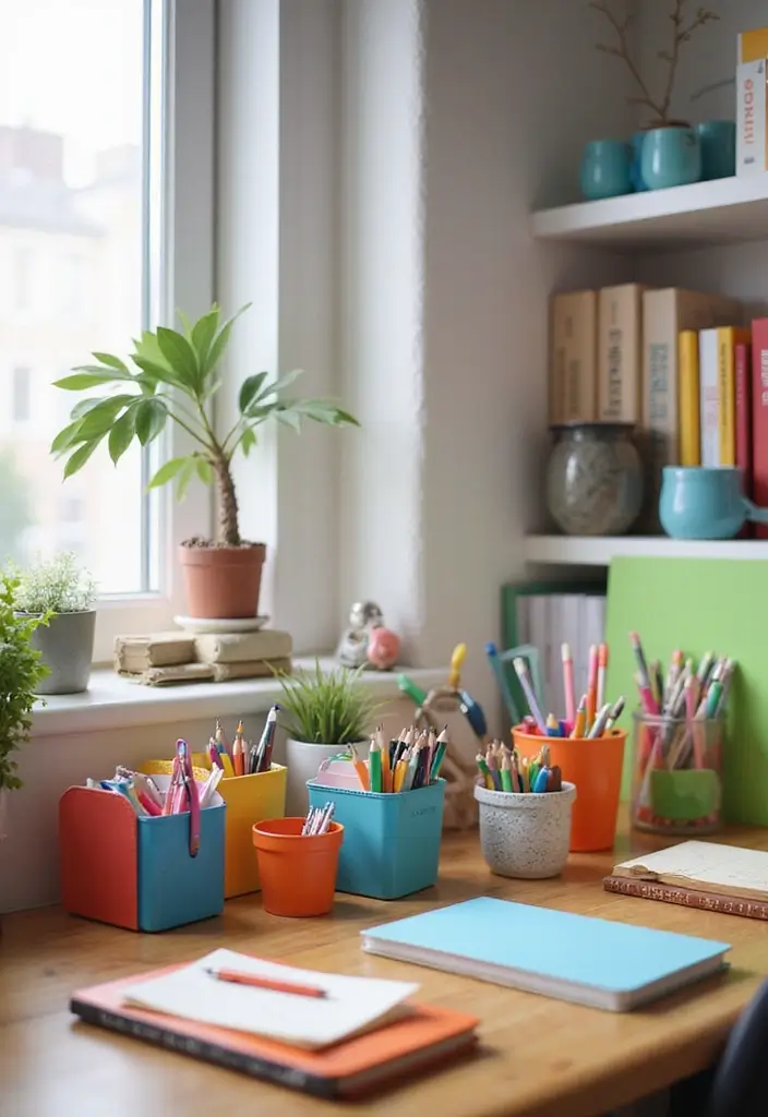 29 Office Den Room Ideas That Inspire Productivity 18. Colorful Desk Accessories