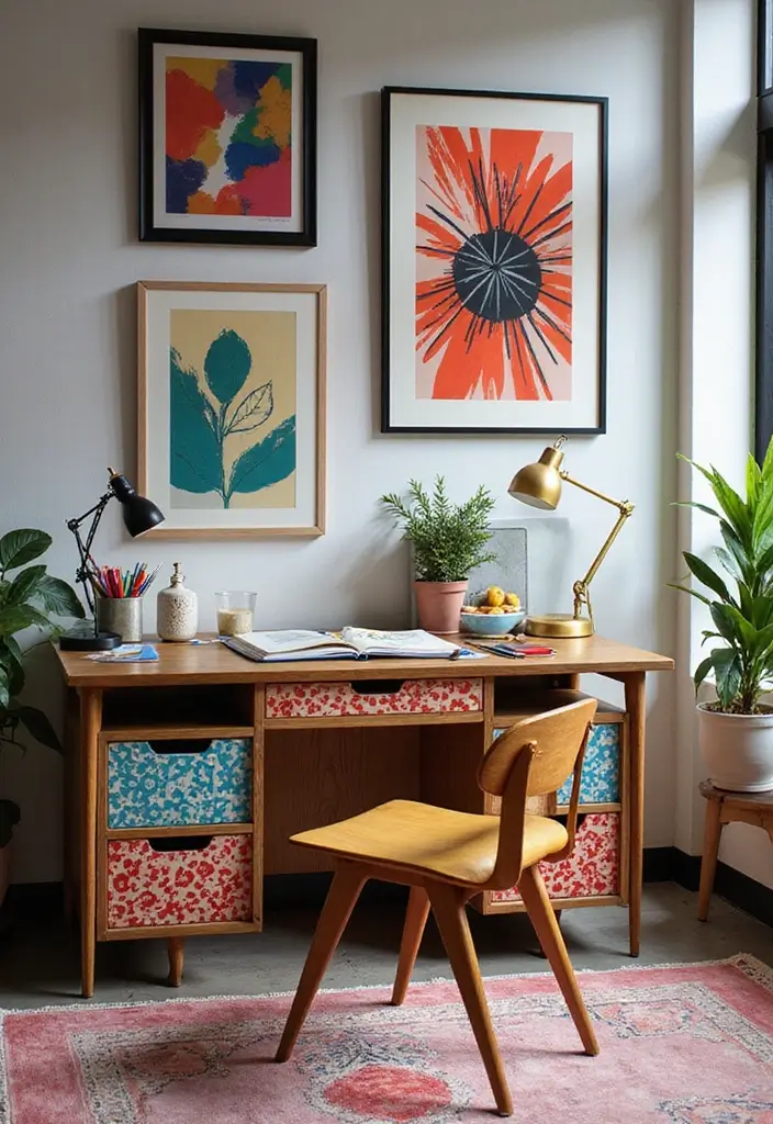 29 Office Table Design Ideas for Modern Workspaces 21. Artistic Desk with Bold Patterns