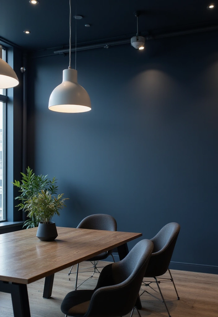 30 Dark Blue Office Designs That Feel Bold and Elegant 11. Modern Lighting Fixtures