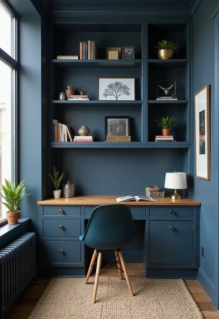30 Dark Blue Office Designs That Feel Bold and Elegant 12. Dark Blue Home Office Nook