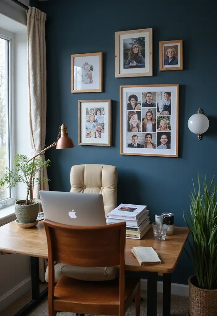 30 Dark Blue Office Designs That Feel Bold and Elegant 14. Personalized Decor